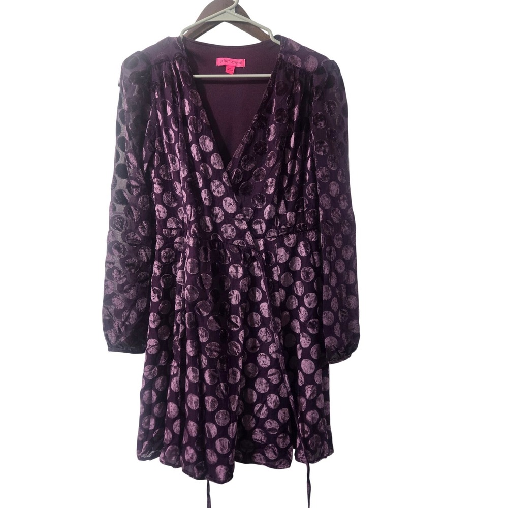 Betsey Johnson Purple Polka Dot Burnout Velvet Wrap Mini Dress Womens Size 2